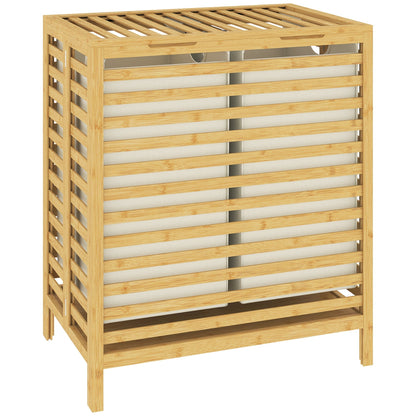 HOMCOM Bamboo Laundry Basket with Lid showing the slatted frame and two internal fabric bags