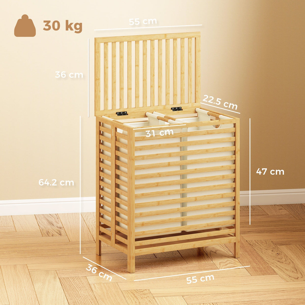 The laundry basket with white lines and text indicating the dimensions of the unit