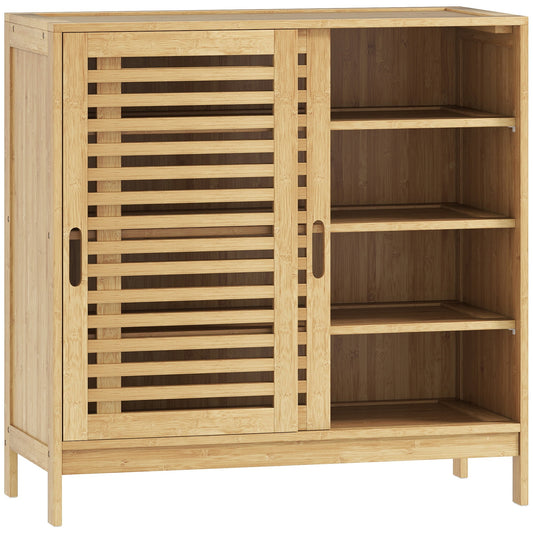 HOMCOM Bamboo Shoe Cabinet with 2 Sliding Slat Doors, a natural wood storage unit with slatted doors
