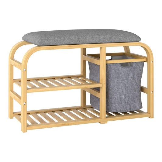 HOMCOM Bamboo Shoe Rack Bench with Padded Seat in a Natural Wood Finish