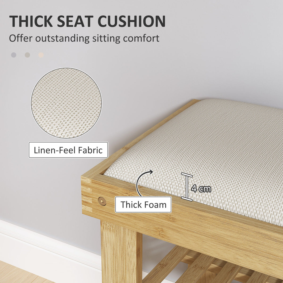 Close up of the thick seat cushion on the bamboo shoe storage bench