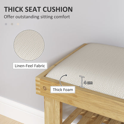 Close up of the thick seat cushion on the bamboo shoe storage bench