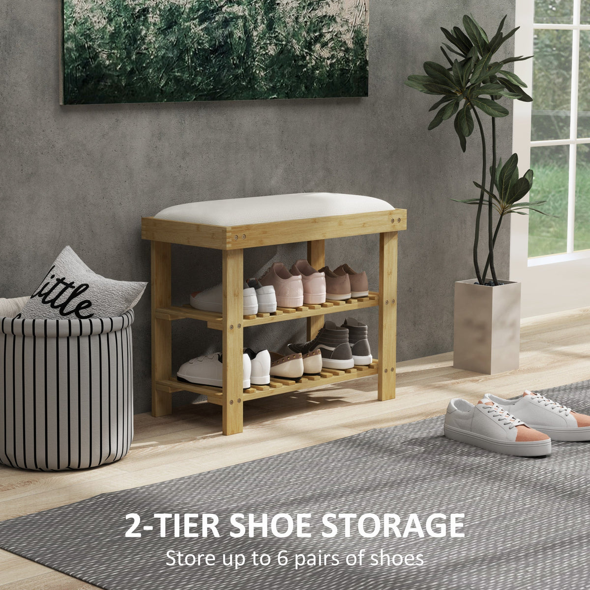 Bamboo shoe storage bench in a room with shoes on the shelves and a plant