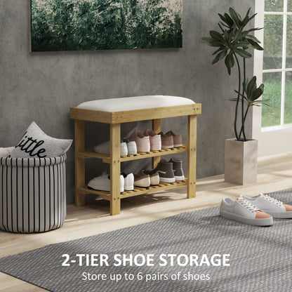 Bamboo shoe storage bench in a room with shoes on the shelves and a plant
