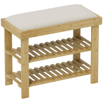 HOMCOM Bamboo Shoe Storage Bench with a cream white seat cushion and two slatted shelves