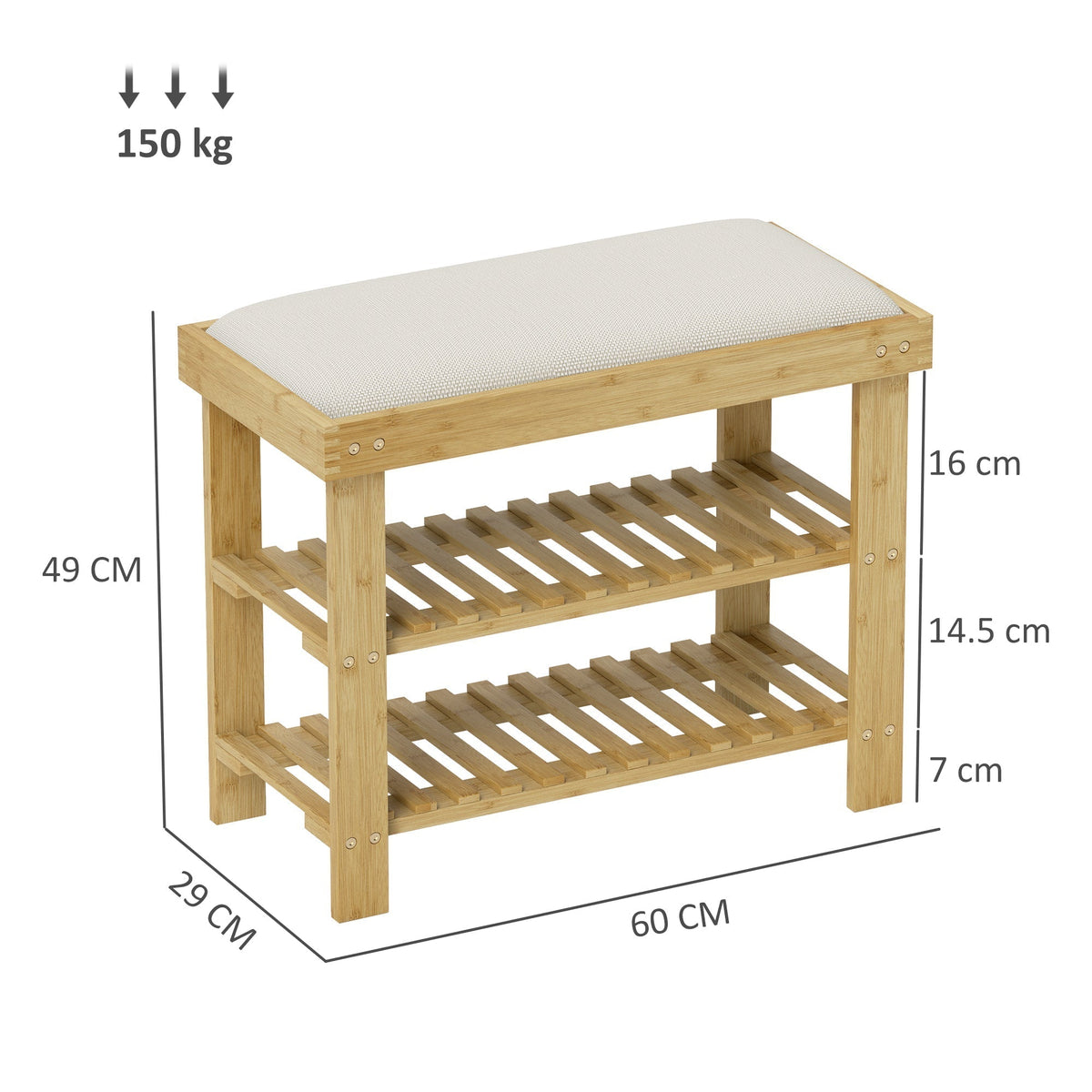 Bamboo shoe storage bench with dimensions and weight capacity shown