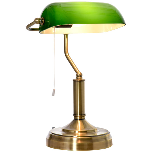 HOMCOM Banker's Desk Lamp with Antique Bronze Tone Base featuring a green glass shade and pull cord