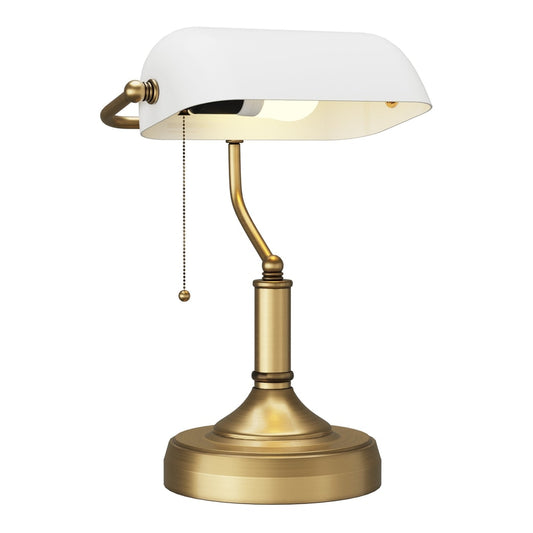 HOMCOM Banker's Desk Lamp with Antique Bronze Tone Base featuring a white shade and pull chain