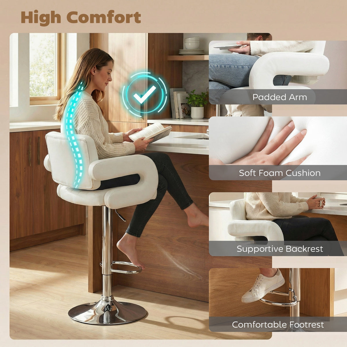 Close up of a white PU leather bar stool highlighting comfort features