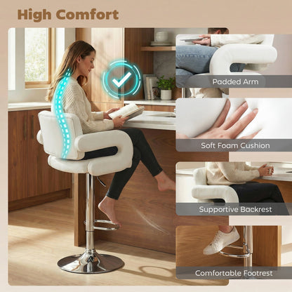 Close up of a white PU leather bar stool highlighting comfort features