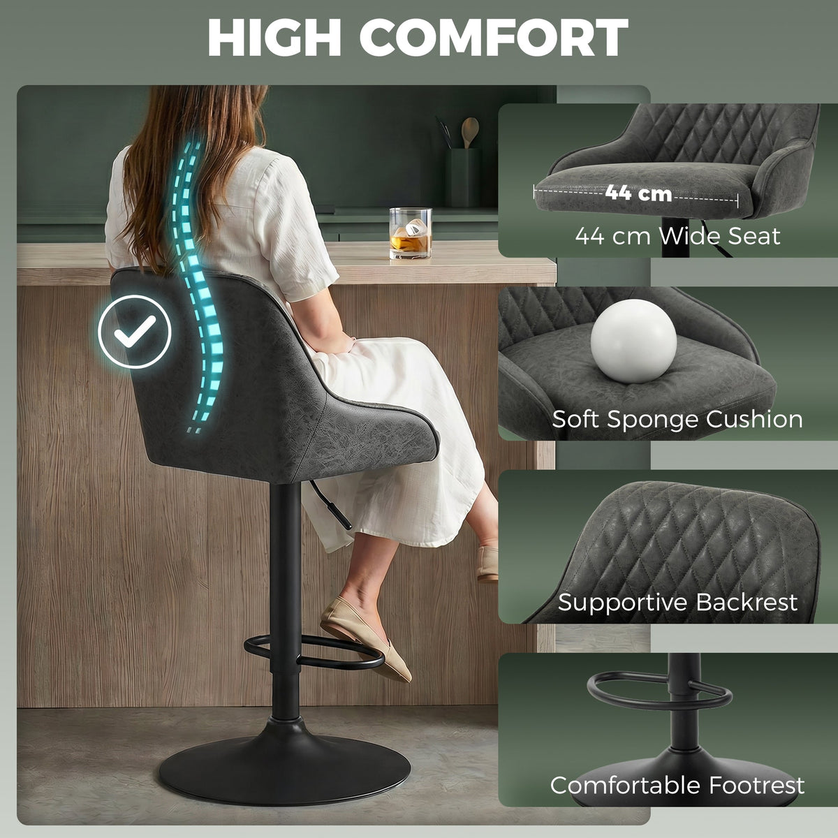 Close up of a comfortable bar stool showing the padded seat and backrest