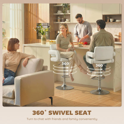 Four white PU leather bar stools in a kitchen, two are swivelling