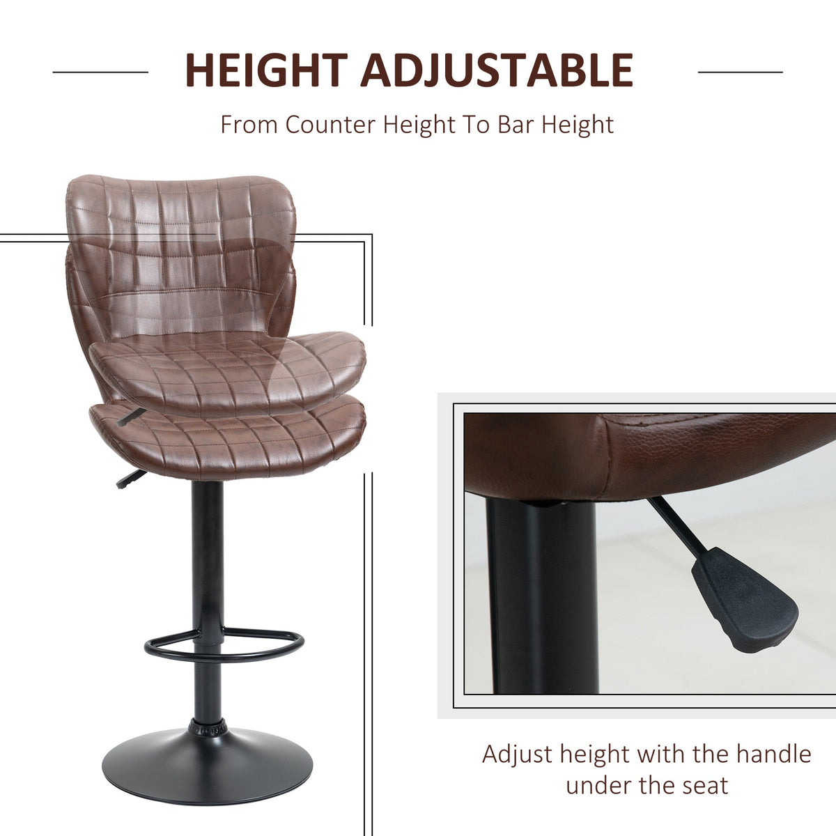 Close up of a brown PU leather bar chair showing the height adjustment lever