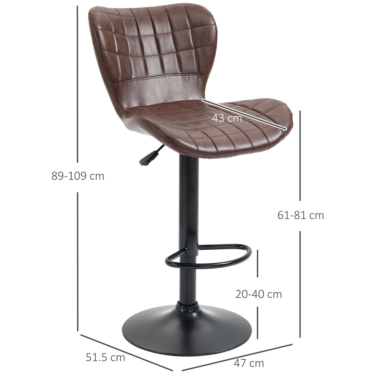 Brown PU leather bar chair with dimensions shown for height and width