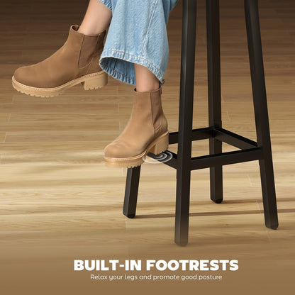 Close up of a person resting their feet on the square footrest of the breakfast bar stools