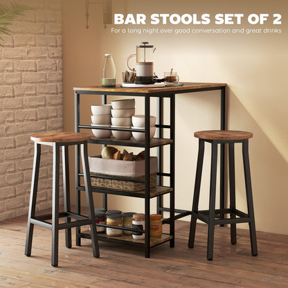 Two rustic brown breakfast bar stools with black metal frames set up in a kitchen