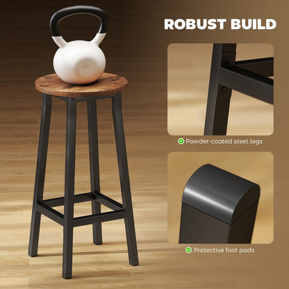 Two industrial round breakfast bar stools with rustic brown seats and black metal frames