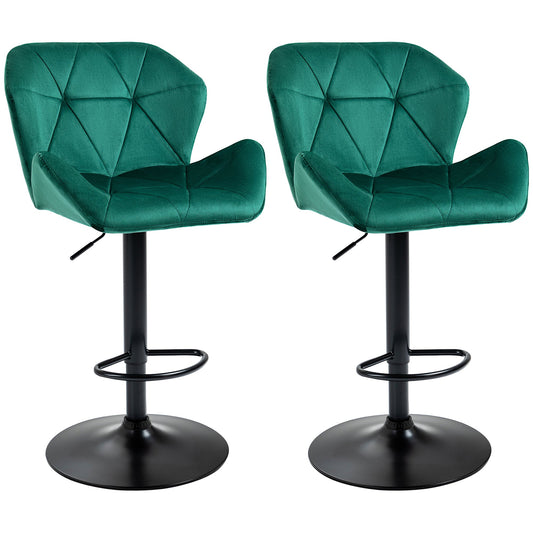 HOMCOM Bar Stools Set Of 2 in green velvet-touch fabric with black metal bases and footrests