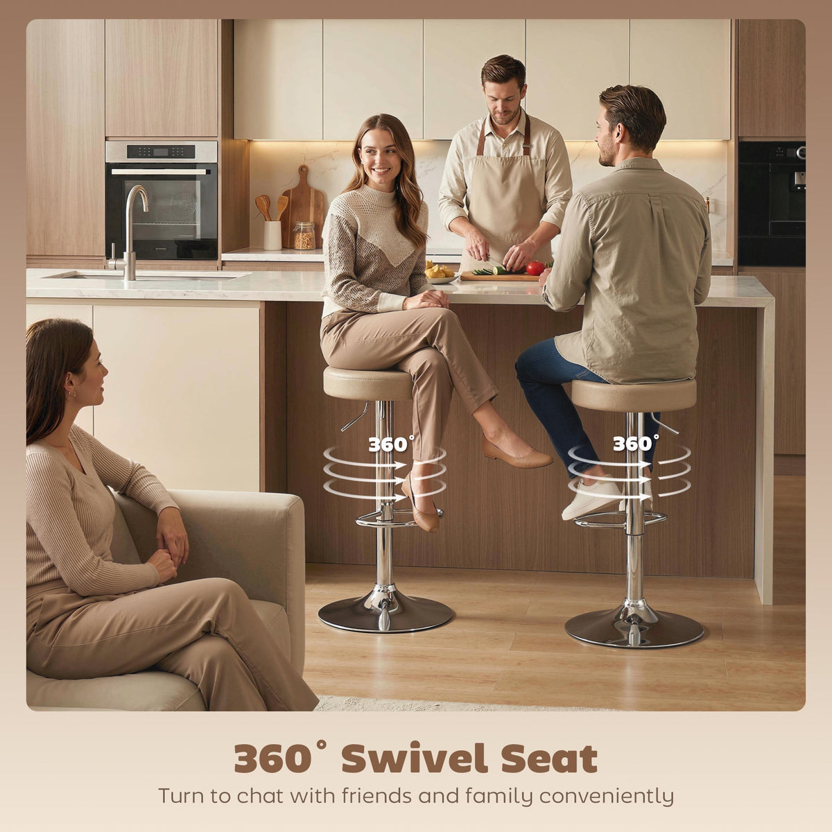 Two brown PU leather bar stools in a kitchen setting, one person sitting on each