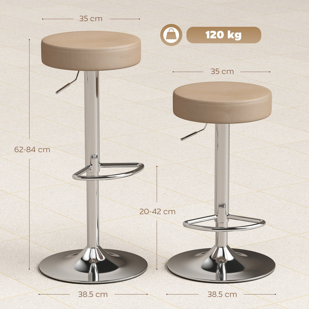 Two brown PU leather swivel bar stools with chrome bases and footrests, showing dimensions