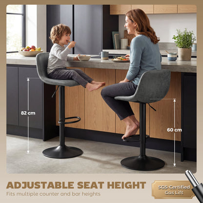Grey barstools shown with adjustable height feature and weight capacity