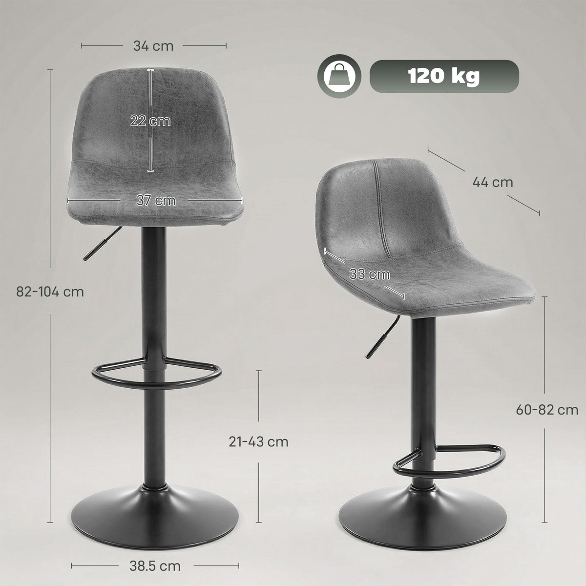 Grey barstools with dimensions for height, width, and base diameter