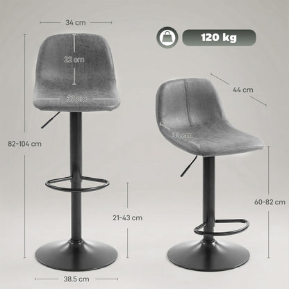 Grey barstools with dimensions for height, width, and base diameter
