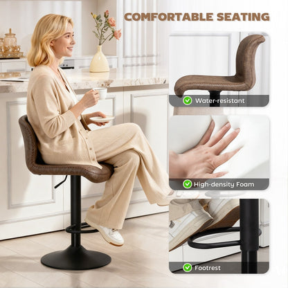 Close up of brown PU leather barstool showing comfortable seating and footrest