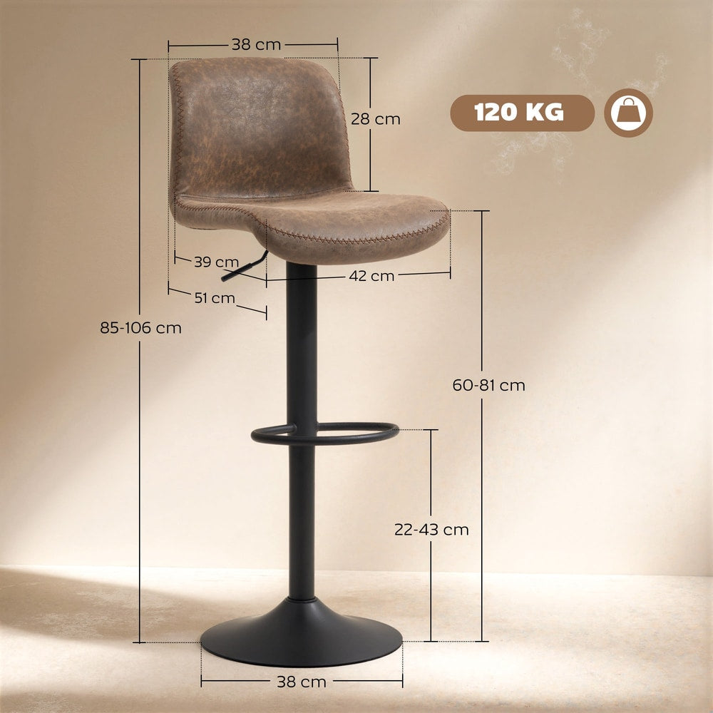 Brown PU leather barstool with dimensions and weight capacity shown