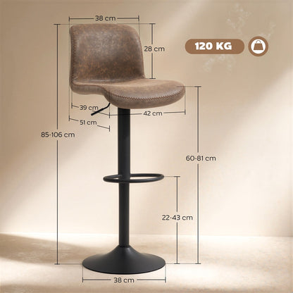 Brown PU leather barstool with dimensions and weight capacity shown