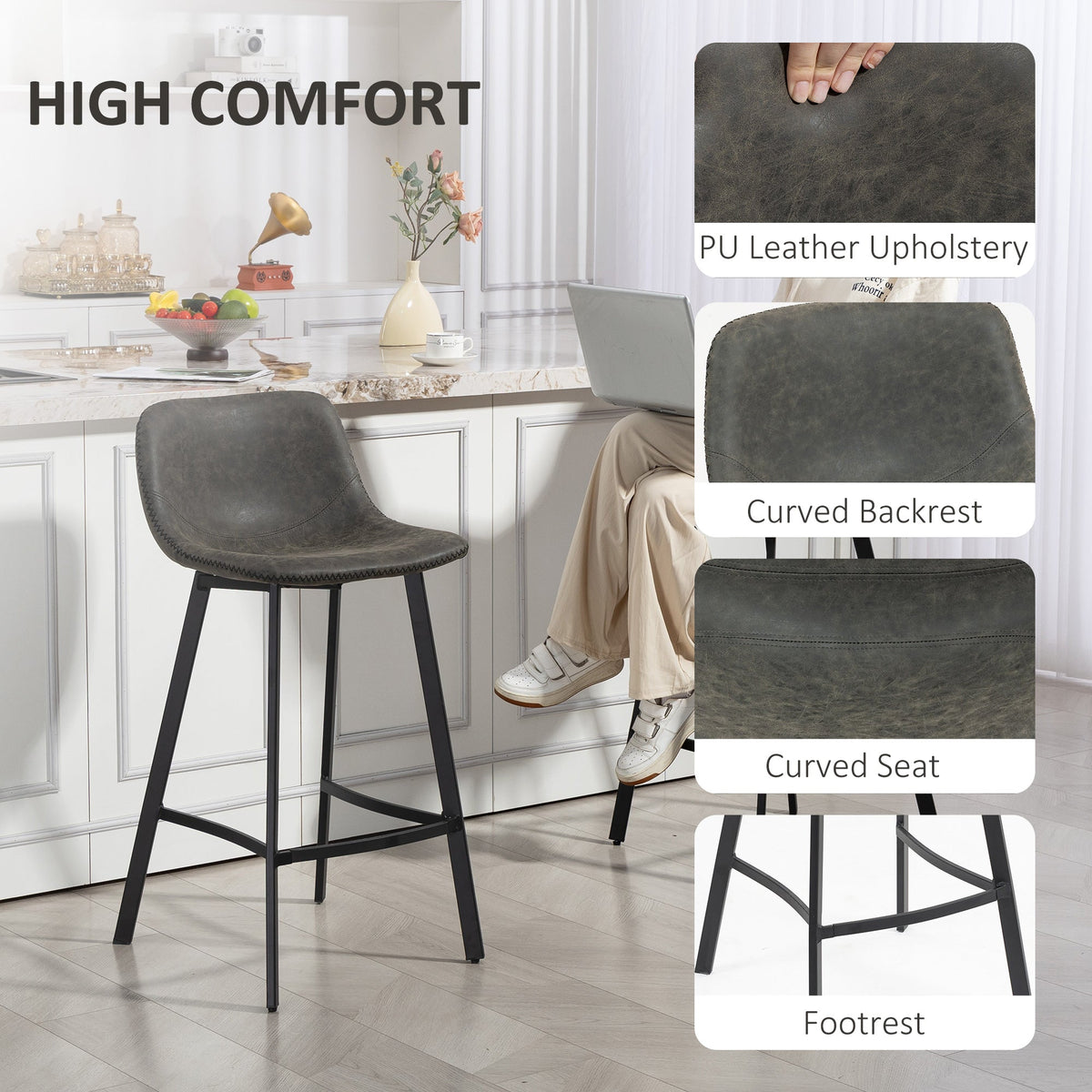 the bar stools with close-up details of the upholstery and seat shape
