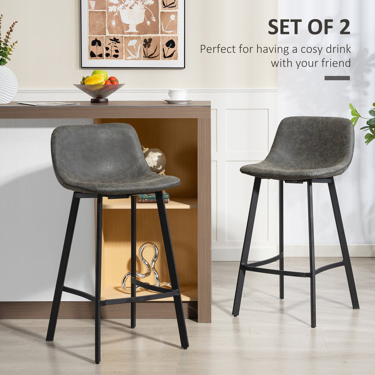 the dining stools positioned by a breakfast bar with decorative items