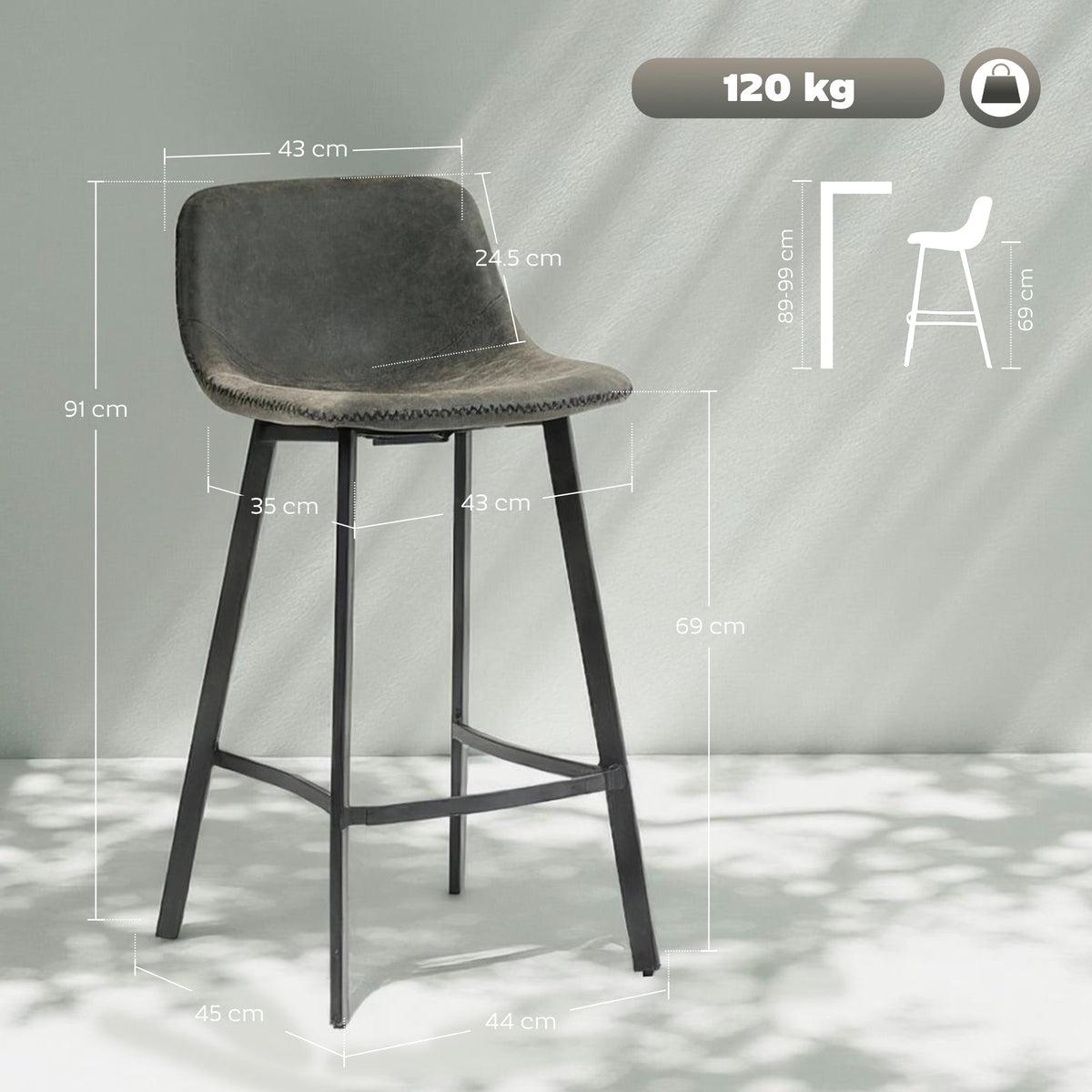 the bar stools showing various dimensions and weight capacity on a diagram