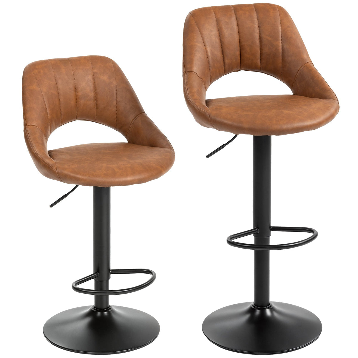 HOMCOM Bar Stools Set of 2, brown PU leather swivel barstools with backrest and footrest
