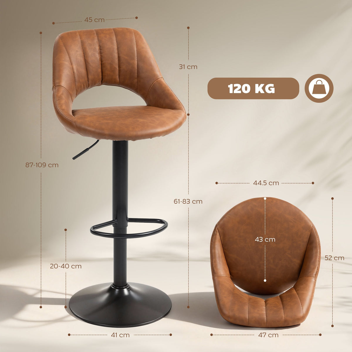 Dimensions diagram for the brown PU leather swivel barstool with backrest