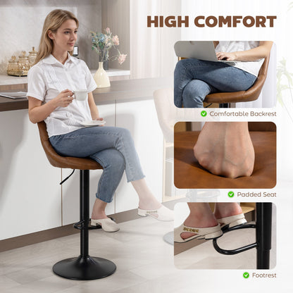 Close up of the brown PU leather swivel barstool showing padded seat and footrest