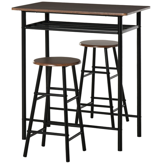 HOMCOM Bar Table Set with two stools and a black metal frame with oak effect wooden surfaces