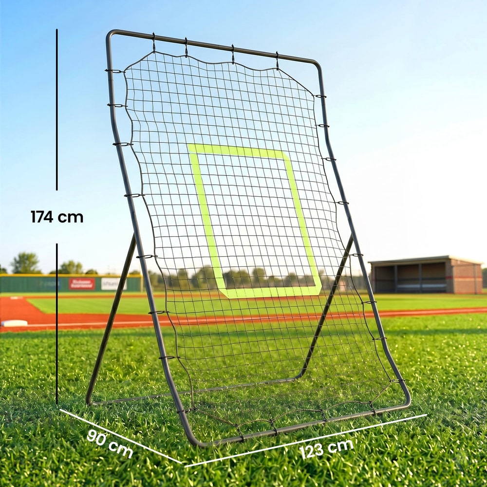 The baseball rebounder net is shown on a field with dimensions labelled