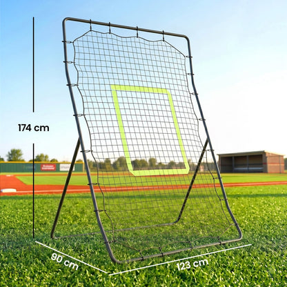The baseball rebounder net is shown on a field with dimensions labelled