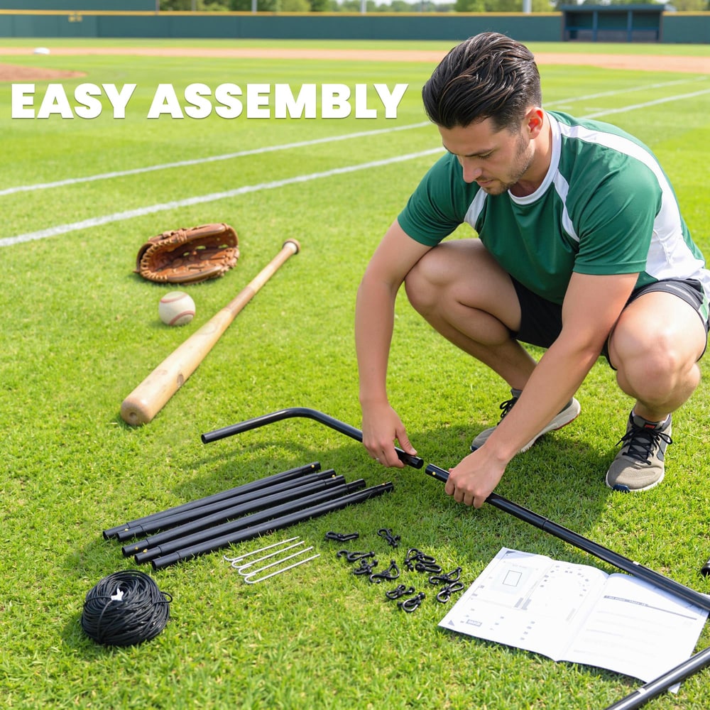 The parts for the baseball rebounder net are laid out for assembly