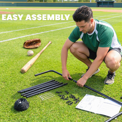 The parts for the baseball rebounder net are laid out for assembly