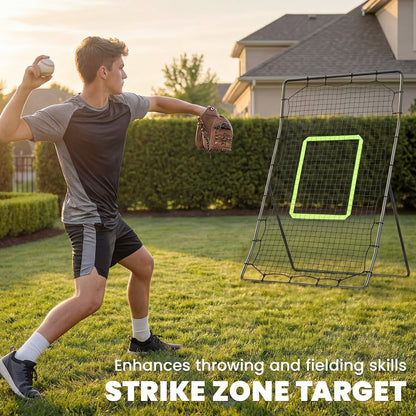 A young man practices throwing skills at the baseball rebounder net