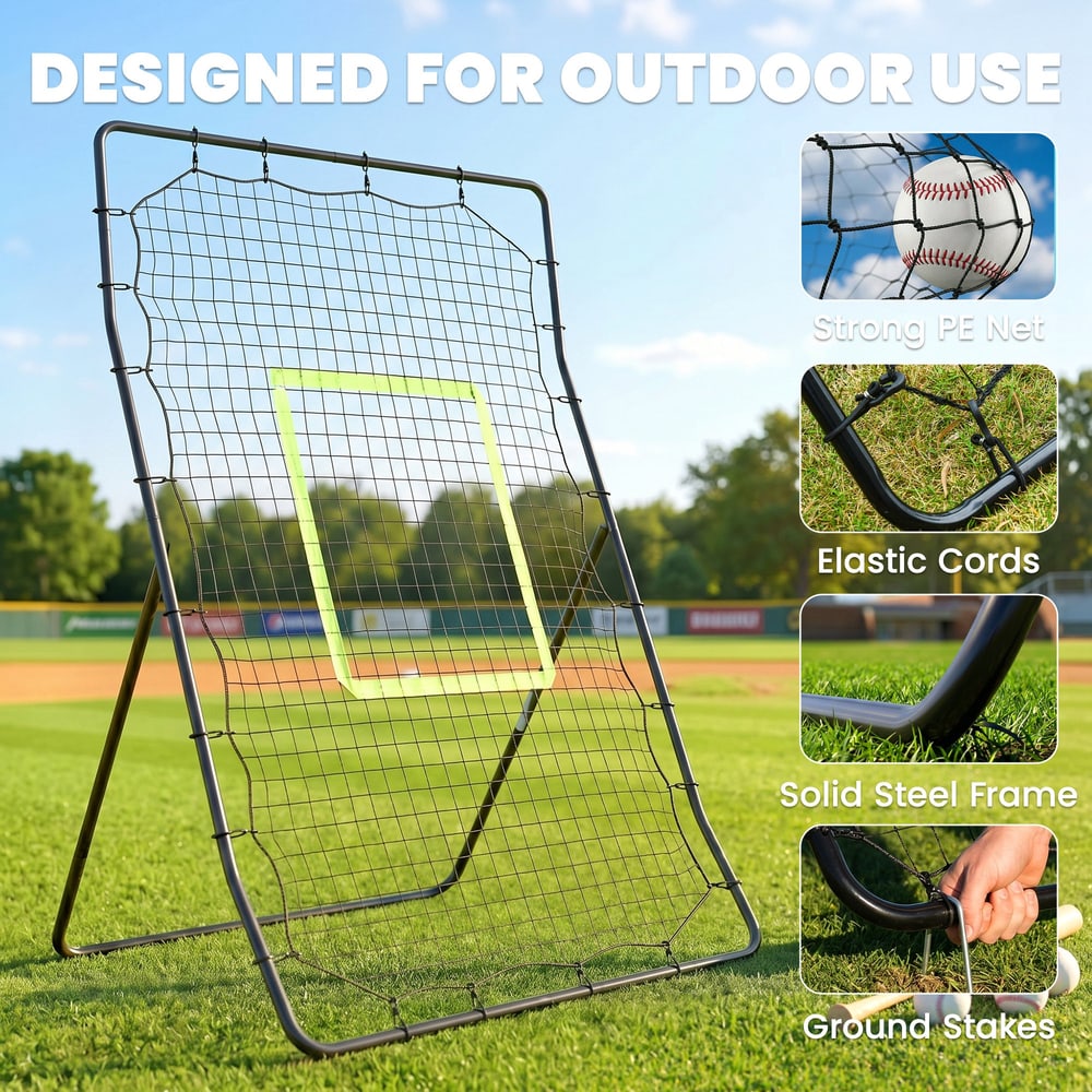 The baseball rebounder net features a strong net and elastic cords