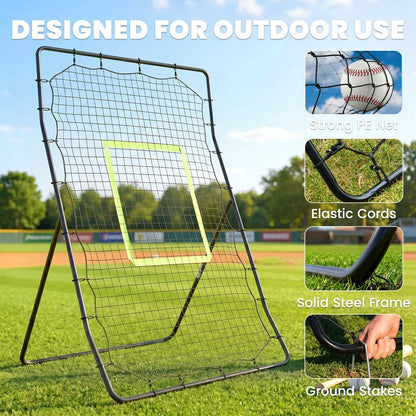 The baseball rebounder net features a strong net and elastic cords