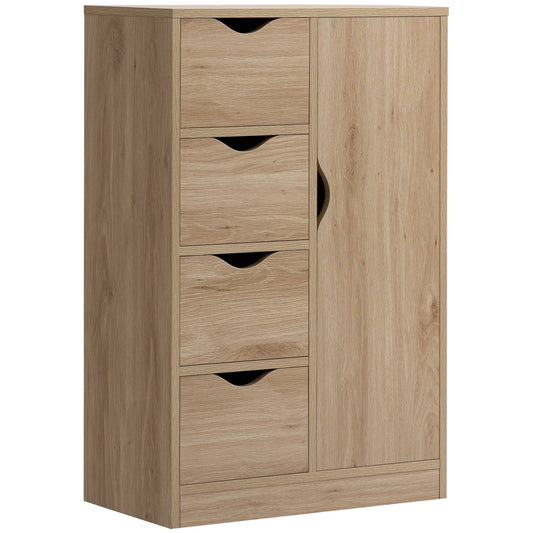 HOMCOM Bathroom Cabinet freestanding storage cabinet with four drawers and a cupboard door in a natural wood finish