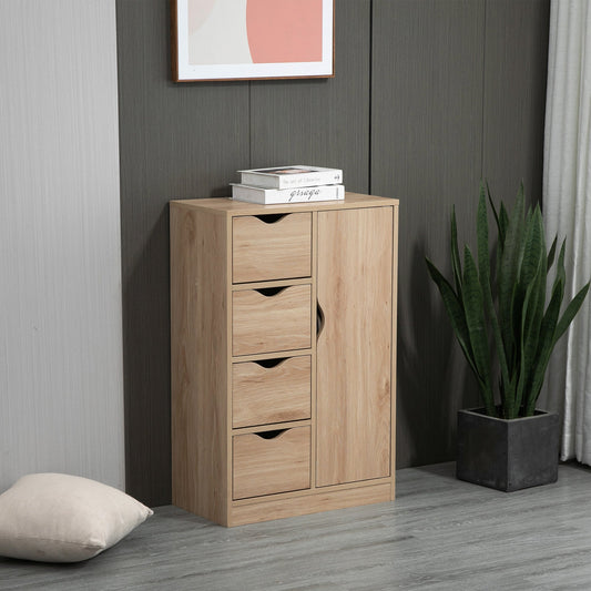 The storage cabinet with four drawers and a cupboard door is shown in a living room setting next to a plant