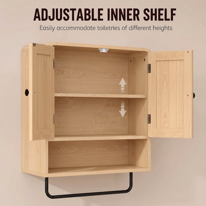 The bathroom cabinet with doors open showing the adjustable shelf height mechanism