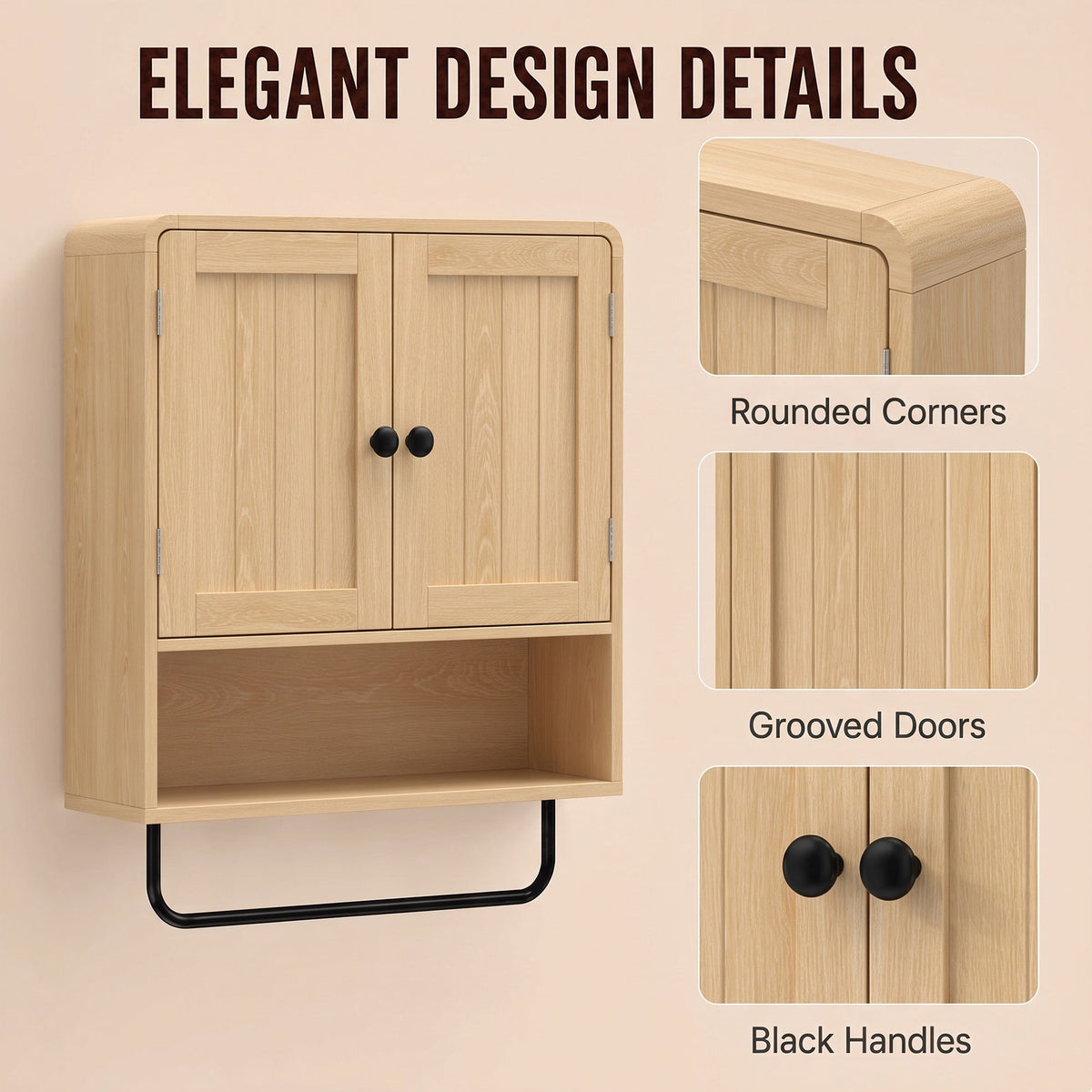 The bathroom cabinet highlighting design features like rounded corners and black handles
