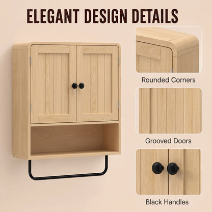 The bathroom cabinet highlighting design features like rounded corners and black handles
