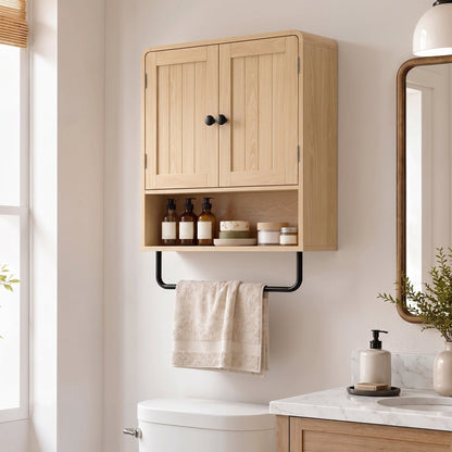 The bathroom cabinet mounted on a wall above a toilet with toiletries and a towel displayed